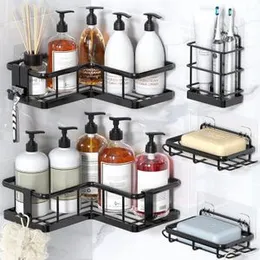 Corner Shower Caddy Organizer Set, 5-Pack with 12 Hooks in Black, Rustproof Storage for No-Drilling Installation, Large Bathroom Countertop and Home D