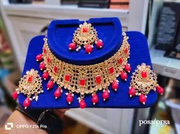 Indian Traditional Kundan Jewelry Set Red Crystal Choker Necklace Earrings with Maang Tikka Head Chain Bollywood Wedding Jewelry for Women