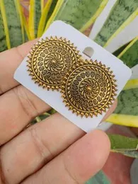 Oxidized Gold Color Big Round Carved Stud Earrings for Women & Girls