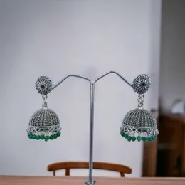 Silver Vintage Weightless Jimikki Earrings with Dark Green Pearl & Stone Beads for Women and Girls