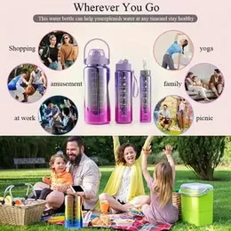 3pcs Classic Water Bottles, Colourful Gradient Water Bottle With Time Mark, Straw, For Gym Outdoor Hiking Camping Travel, Gym Fitness, Yoga, Running C