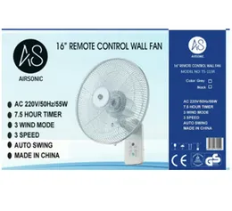 Airsonic Wall Fan Remote 16 Inch 1 Year Warranty 55W 3 Speeds Oscillation Timer Tilt Adjustable Safety Grill Powerful Airflow