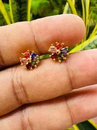 Gold Plated Beautiful Flower Stud Earrings with Multi Stones for Women & Girls