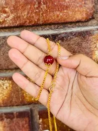 Gold Color Agasthi Maala Chain with Maroon Stone Long Necklace for Kandyan Saree Women