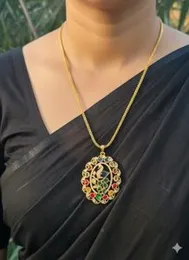 Gold plated 3mm 18/24-inch fox chain and beautiful big peacock pendant with multi stone for women