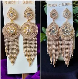 Gold Rhinestone Round & Water Drop Long Tassel Earrings with White Cubic Zirconia for Women and Girls