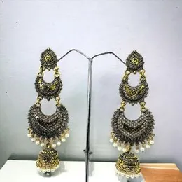 Dull Gold Long Jimikki Tassel Dangle Drop Stud Earrings with White Pearl for Women and Girls
