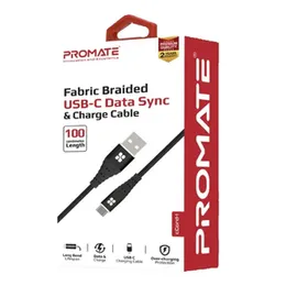 Promate Fabric Braided USB-C Data Sync & Charge Cable – Ultra-Durable Fast Charging
