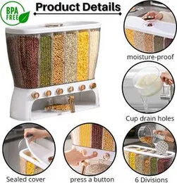 Rice Dispenser, 6-Grid Moisture-Proof Cereal, Countertop Sealed Food Storage Containers, Transparent Grain, Food Can Home Measuring Cup & Lid Airtight