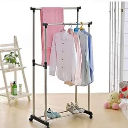 Double Pole Stainless Steel Clothes Rack - Silver Double Pole Telescopic Clothes Hanger, Garment Drying Rack with Rolling Wheels Steel Floor Cloth Dry