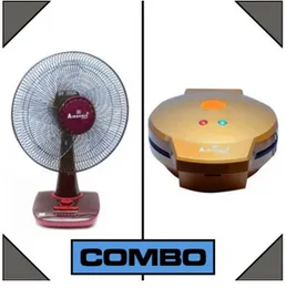 Airsonic TS220 Table Fan and TS704 Waffle Maker Combo High Speed Cooling Non-Stick Plates 3 Speeds 750W Breakfast Maker Set