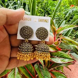 Oxidized Gold Color Dot Design Jimmiki Drop Earrings with Gold Beads for Women and Girls