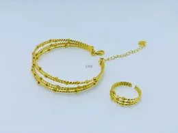 Gold-plated, three-strand beaded bracelet and matching adjustable open ring for women
