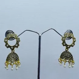 Dull Gold Indian Jhumka Jimikki Drop Dangle Earrings with White Pearl for Women