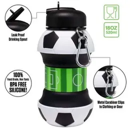 Silicone Water Bottle for Sport, 550 ml, Collapsible and Foldable Water Bottle with Suction Nozzle, BPA Free, Football Shape for Children and Teens