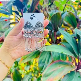 ESH Oxidized Color Long Tassel Drop Earrings with Round & Water Drop Design, Ash Stones and Silver Beads for Women and Girls