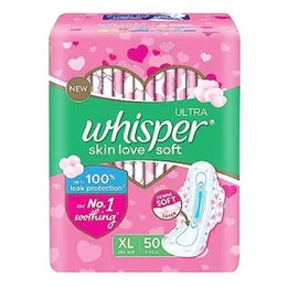 WHISPER ULTRA SKIN LOVE SOFT SANITARY PADS, 50 XL PADS, COTTONY SOFT, OUR #1 SOFTNESS, IRRITATION FREE, FOR INTIMATE SKIN, DISPOSABLE WRAPPER(FROM IND