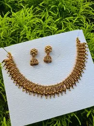 Dull gold color Nakshatra Mini Choker Necklace Leaf Design with magenta stone for girl and women