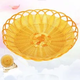 Handmade Yellow Rattan Weave Fruit Basket Tray - Round Woven Serving Platter for Fruits Bread Snacks Home Kitchen