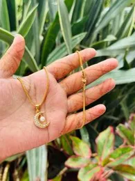 Gold plated rich look 2mm 18 inch and 24inch fox chain with beautiful crescent moon with white pearl drop pendant for women