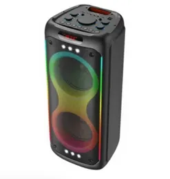 BTS-1829 is a portable Bluetooth karaoke speaker equipped with dual 10-inch speakers, RGB lighting effects, and options for wireless mic support.
