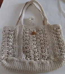 Handmade Beige Crochet Tote Bag with Wooden Button