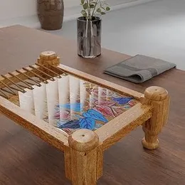 Hand Painted Wooden Charpai Style Tea Serving Tray, 11" x 7.5", Epoxy Resin Natural Finish (Leafy Hand Paint)