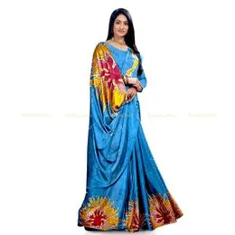 Cyan Blue with Yellow, Red and White Satin Batik Saree