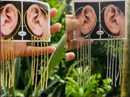 Gold & Silver Long Tassel Ear Cuff Chain Earrings with White Stone – No Piercing Ear Crawler for Women