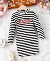 Young Girls Striped & Letter Graphic Mock Neck Dress me SIZE - 7-8 Years