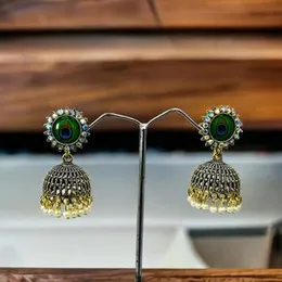 Gold Mix Black Cute Peacock Jhumka Jhumki Vintage Bell Tassel Earrings with White Pearls for Women and Girls