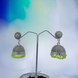 ESH Silver Color Beautiful Vintage Weightless Jimmiki Earrings with Lime Green Pearl Beads & Lime Green Stones for Women and Girls