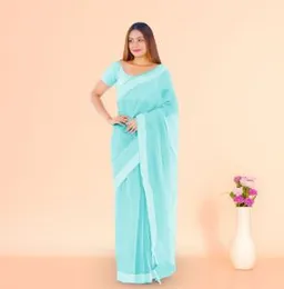 LIGHT BLUE WITH WHITE STITCH BOARDER ORGANZA COTTON