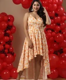 V-neck High Low Printed Maxi Dress