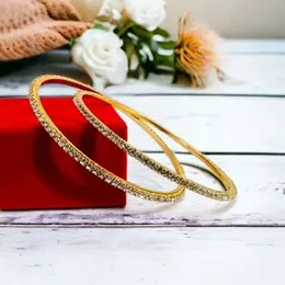 Gold Plated Cute One Pair Bangle with Full White Stones for Women & Girls