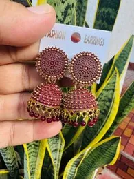 Gold mix maroon color beautiful jimikky earring two size with maroon beaded for women and girl