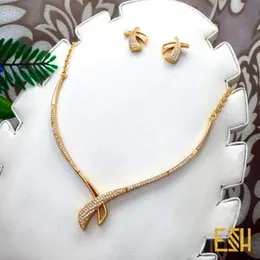 High Quality Gold Plated White Stone Link Chain Necklace with Matching Earrings Set