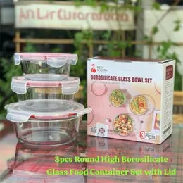 3pcs Round High Borosilicate Glass Food Container Set with Lid