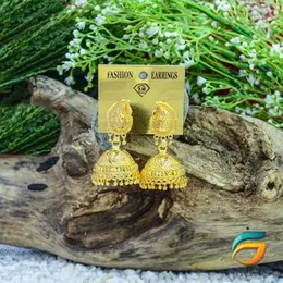 Gold Plated Jimikki Earrings Delicate Traditional Jhumka Earrings Metal Dangle With Gold Drop for Women.