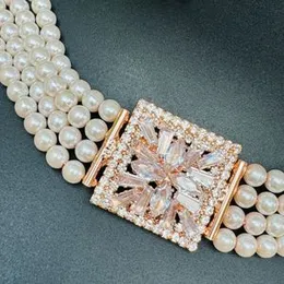 Silver and rose gold color white pearl beautiful Short choker necklace set with Cz Cubic Zirconia Beaded stone square pendent for women and girl