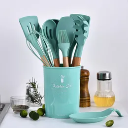 Kitchen Utensil Set, Silicone Cooking Utensils 12 Pcs Kitchen Tools with Natural Wooden Handles for Home Household Apartment