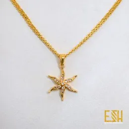 ESH Gold Plated Ladies 2MM Thin Bismark Chain 18/24 Inch with Jasmine Flower Theme White Stone Pendant