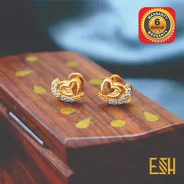 Gold Plated Double Heart Theme Medium Stud Earrings with White Stones for Women