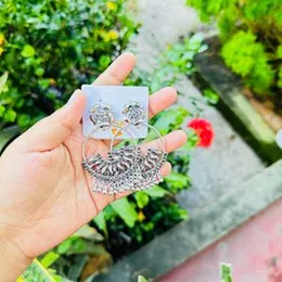 Oxidized Rose Flower Hoop Drop Earrings with Ash Stone & Silver Beads for Women and Girls