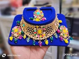 Gold-Plated Multi-Color & Beads Choker Necklace Set with Earrings & Maang Tikka