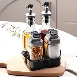 Oil Vinegar Dispenser Bottles Set with Caddy Stand, Tabletop Glass Salt Pepper Shaker Olive Oil Vinegar Cruets Set with Tray for Home Kitchen