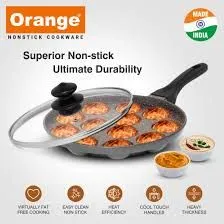 Orange Aluminium Die-Cast Series 12 Cavity Grill Appam Patra | Paniyarakkal | with Glass Lid