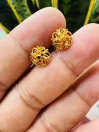 Gold Plated Small Double Flower Design Stud Earrings Without Stones for Women & Girls