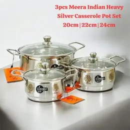 3pcs meera indian heavy silver casserole pot set