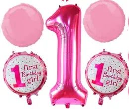 5 Pcs Foil Balloons First 1 Birthday Girl Pink Party Decorations